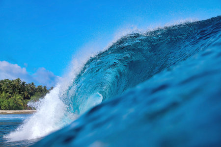 Powerful ocean wave curling under sky, palm silhouettes on horizon, translucent turquoise barrel...