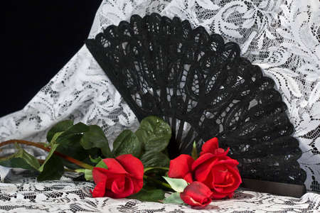 Victorian print with fan,lace and rosesの写真素材