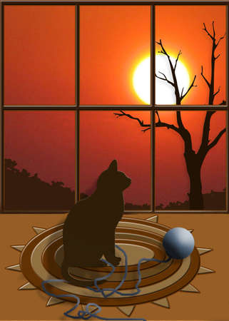 Digital print of cat looking out window at sunsetの写真素材