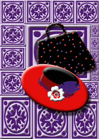 Red Hat and purse on purple backgroundの写真素材