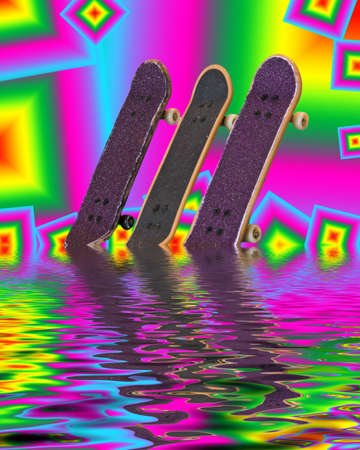 Abstract print of minature skateboards surfing on water with reflectionsの写真素材
