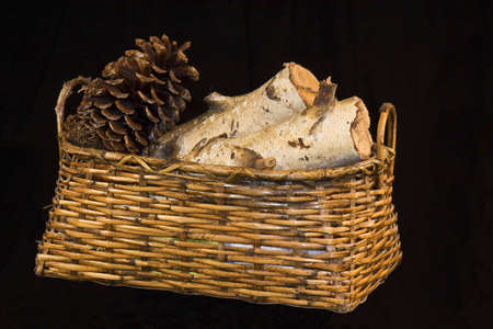 Basket of logs from Birch Tree and large pine coneの写真素材