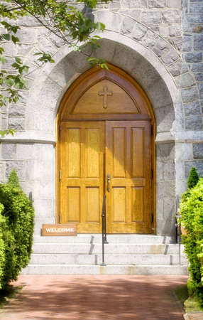 Arched oak double church doors and entranceの写真素材