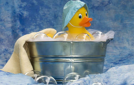 Ducky in tub taking a bath and playing with bubbles.の写真素材