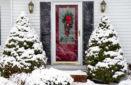 Home Entrance closeup during a  Snow Stormの写真素材