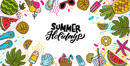 Hand sketched summer holidays lettering banner. Concept for poster, concept for card and websiteのイラスト素材
