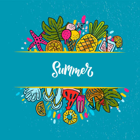 Hand sketched summer banner. Ice cream, sun and beach, sea, watermelon cocktail. Concept for poster, concept for card and website. Summer label and logotype, badge, icon.のイラスト素材
