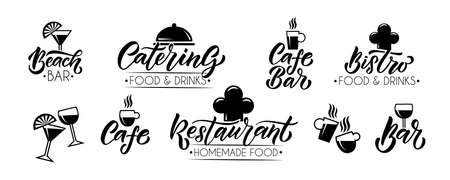Vector template of catering, bar, cafe, bistro restaurant logo. Hand sketched logotype lettering typography. Catering outdoor events and restaurant service logo isolated on background.のイラスト素材