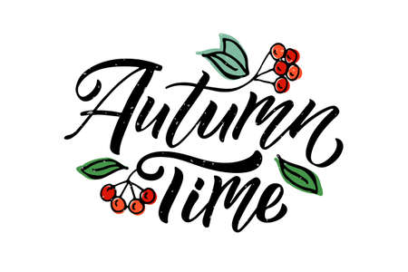 Autumn vector illustration with lettering typography of autumn. Autumn icon, badge, poster, banner with signature. Apple, leaves, pomergranate.のイラスト素材