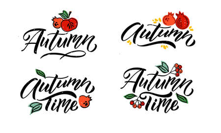 Autumn vector illustration with lettering typography of autumn. Autumn icon, badge, poster, banner with signature. Autumn template for postcard, invitation, cardのイラスト素材