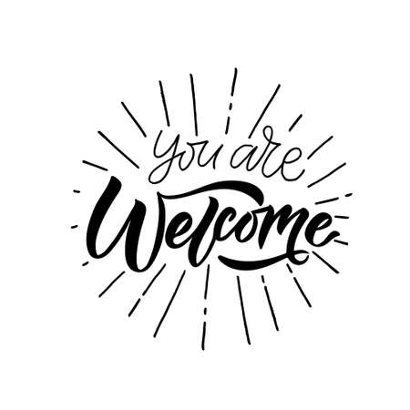 Welcome handwritten poster on background. Hand sketched Welcome lettering typography. Welcome lettering sign. Hand drawn motivational text. Logotype, badge, icon, banner or tag.のイラスト素材