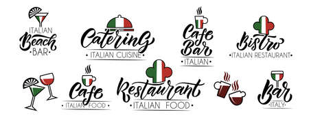 Vector templates set for catering, bar, cafe, bistro restaurant logo. Hand sketched logotype lettering typography. Catering outdoor events and restaurant service logo isolated on background.のイラスト素材
