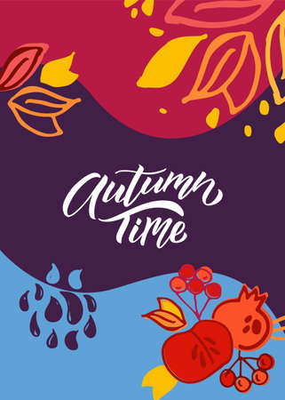 Autumn time lettering typography vector illustration. Autumn icon, badge, poster, banner with signature. Apple, leaves, pomergranate. Autumn template for postcard, invitation, cardのイラスト素材