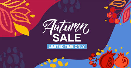 Autumn sale with lettering typography vector illustration. Autumn icon, badge, poster, banner with signature. Apple, leaves, pomergranate. Autumn template for postcard, invitation, cardのイラスト素材