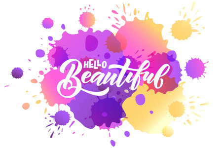 Hand sketched hello beautiful lettering typography. Handwritten inspirational quote hello beautiful. Hand drawn motivational quote. Hello beautiful lettering sign.  Vector illustration.のイラスト素材