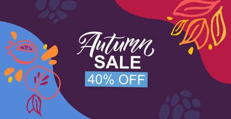 Autumn vector background with lettering typography of autumn sale. Autumn sale banner, poster, background with signature. Apple, leaves, pomergranate. Sale template for postcard, invitation, cardのイラスト素材