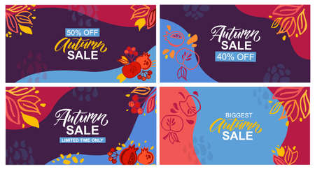 Autumn sale templates lettering typography vector or illustration. Autumn icon, and badge or poster, banner with signature. Apple, leaves, pomergranate. Autumn template for postcard, invitation, cardのイラスト素材