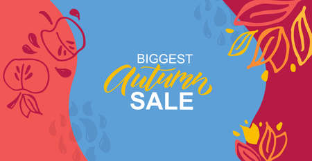 Autumn vector background with lettering typography of autumn sale. Autumn sale banner, poster, background with signature. Apple, leaves, pomergranate. Sale template for postcard, invitation, cardのイラスト素材