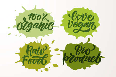 Hand sketched badges and labels with vegetarian, vegan, raw, eco, bio, natural, fresh, gluten and GMO free food diet design. Organic food elements set for product, cafe, restaurant and organic product packaging. Vector illustration.のイラスト素材