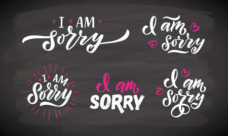Hand sketched i am sorry lettering templates. Handwritten inspirational quotes i am sorry. Hand drawn motivational quote. Good luck lettering sign. Hand drawn motivational text.  Vector illustration.のイラスト素材