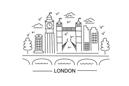 Lindon lineart illustration. London line drawing. Modern style London city illustration. Hand sketched poster, banner, postcard, card template for travel company, T-shirt, shirt. Vector EPS 10. Bridgeのイラスト素材