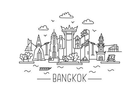 Bangkok lineart illustration. Bangkok line drawing. Modern style Bangkok city illustration. Hand sketched poster, banner, postcard, card template for travel company, T-shirt, shirt.のイラスト素材