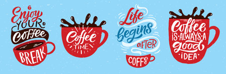 Enjoy coffee break. Lettering, coffee to go cup. Modern calligraphy coffee quote. Hand sketched inspirational quote. Poster, banner, postcard, card lettering typography template for restaurant, coffee shop, cafe, bar.のイラスト素材
