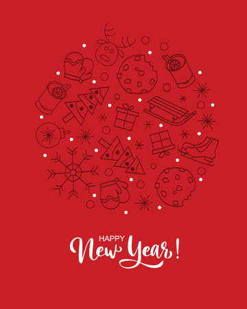 Winter time lineart illustration. Christmas line drawing. Modern style New Year illustration. Hand sketched poster, banner, postcard, card template, T-shirt, shirt.のイラスト素材