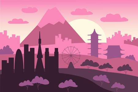 Tokyo flat illustration. Japan holiday travel flat drawing. Modern style Tokyo city illustration. Hand sketched poster, banner, postcard, card template for travel company, T-shirt, shirt. Vector EPS 10. mountain.のイラスト素材