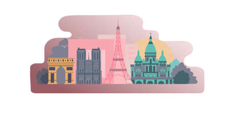 Paris city flat illustration. Paris holiday travel flat drawing. Modern flat Paris illustration. Hand sketched poster, banner, postcard, card template for travel company, T-shirt, shirt.のイラスト素材