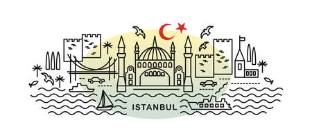 Istanbul lineart illustration. Istanbul holiday travel line drawing. Modern flat style Istanbul illustration. Hand sketched poster, banner, postcard, card template for travel company, T-shirt, shirt. Vector EPS 10.のイラスト素材