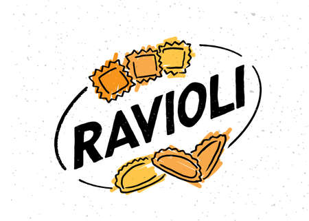 Ravioli typography poster. Text Ravioli on textured background for menu, restaurant, kitchen, postcard, card, banner, poster. Ravioli pasta vector typography. Vector illustration EPS 10のイラスト素材