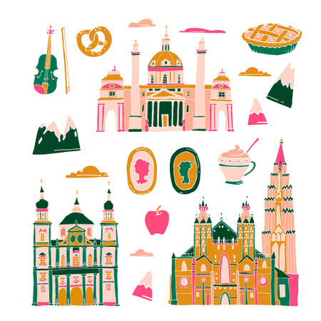 Vienna doodle illustration. Austria holiday travel flat drawing. Modern style Vienna city illustration. Hand sketched poster, banner, postcard, card template for travel company, T-shirt, shirt. Vector EPS 10. Church.のイラスト素材