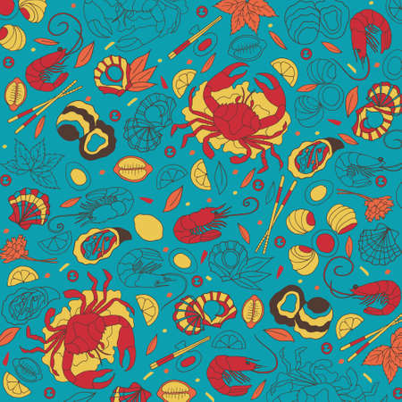 Seafood doodle pattern. Modern seafood illustration. Hand sketched seafood fish or crab or shrimp and salmon, lobster, oyster. Poster, banner, postcard, card template for restaurant, coffee shop, cafe, barのイラスト素材