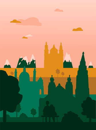 Austria holiday travel flat drawing. Modern style Vienna city illustration. Vienna flat illustration. Hand sketched poster, banner, postcard, card template for travel company, T-shirt, shirt. Vector EPS 10. Church.のイラスト素材