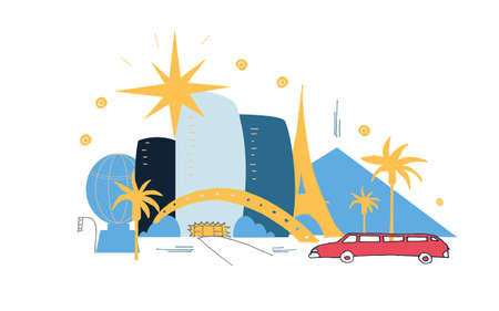 Vegas holiday travel flat drawing. Modern style american city cartoon illustration. Las Vegas doodle illustration. Hand sketched poster, banner, postcard, card template for travel company, T-shirt, shirt.のイラスト素材