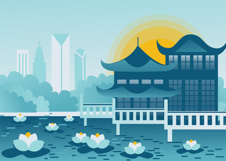 Modern style Shanghai city illustration. China holiday travel flat drawing. Shanghai flat illustration.のイラスト素材
