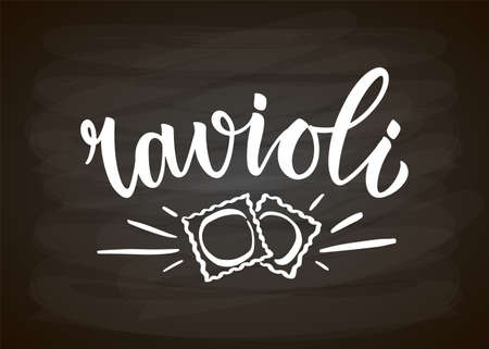 Text Ravioli on textured background for menu, restaurant, kitchen, postcard, card, banner, poster. Ravioli typography poster. Ravioli pasta vector typography.のイラスト素材