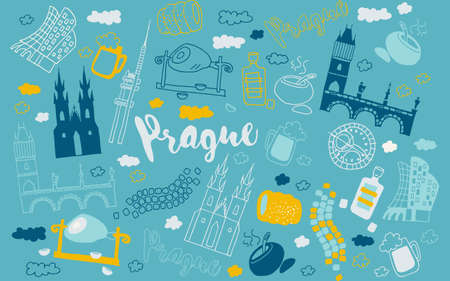 Prague, Czech doodle drawing. Prague doodle illustration. Modern style Prague city illustration. Hand sketched poster, banner, postcard, card template for travel company, T-shirt, shirt. Vector EPS 10のイラスト素材