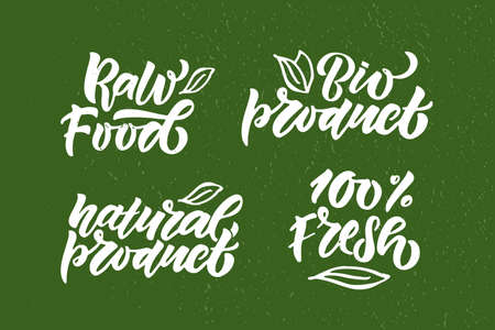 Hand sketched badges and labels with vegetarian and vegan and raw, eco, bio, natural, fresh, gluten and GMO free food diet design. Organic food elements set for product, cafe, restaurant and organic product packaging.のイラスト素材