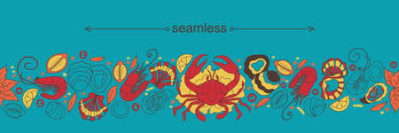 Seafood doodle seamless pattern. Modern seafood illustration. Hand sketched seafood fish and crab and shrimp. Poster, banner, postcard, card template for restaurant, coffee shop and cafe, bar.のイラスト素材