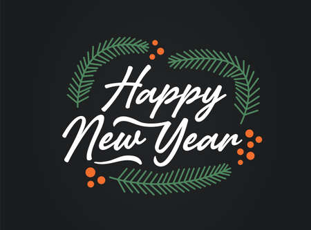 Hand sketched Happy New Year card, badge, icon typography. Lettering Happy New Year for Christmas, New Year greeting card, invitation template, banner, poster.のイラスト素材