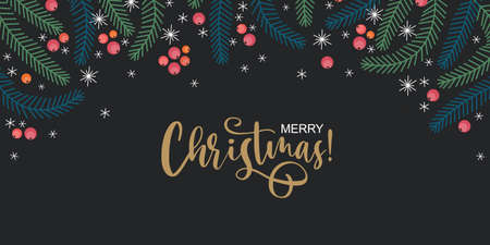 Hand sketched Merry Christmas card, badge, icon typography. Banner for Christmas, New Year greeting card, invitation template, banner, poster.のイラスト素材