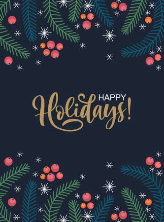 Hand sketched Merry Christmas card, badge, icon typography. Lettering Happy Holidays for Christmas, New Year greeting card, invitation template, banner, poster.のイラスト素材