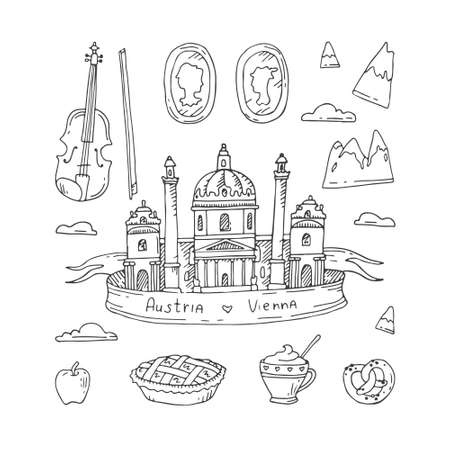 Vienna doodle illustration. Austria holiday travel flat drawing. Modern style Vienna city illustration.のイラスト素材