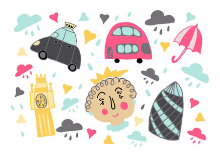 London cartoon illustration. London doodle drawing. Modern style London city illustration. Hand sketched poster, banner, postcard, card template for travel company, T-shirt, shirt. Vectorのイラスト素材