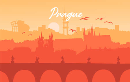 Prague flat illustration. Prague, Czech flat drawing. Modern style Prague city illustration. Hand sketched poster, banner, postcard, card template for travel company, T-shirt, shirt. Vector EPS 10のイラスト素材