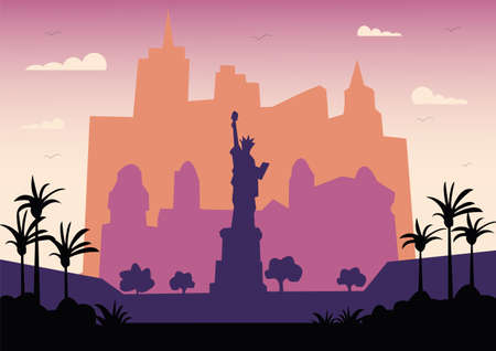 Las Vegas flat illustration. Vegas holiday travel flat drawing. Modern style american city cartoon illustration. Hand sketched poster, banner, postcard, card template for travel company, T-shirt, shirt. Vector EPS 10.のイラスト素材