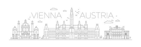 Vienna lineart illustration. Austria holiday travel flat drawing. Modern style Vienna city illustration. Hand sketched poster, banner, postcard, card template for travel company, T-shirt, shirt. Vector EPS 10. Church.のイラスト素材