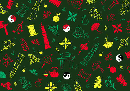 Taipei doodle cartoon poster, banner, postcard, card for travel company, T-shirt, shirt. Taipei line illustration.のイラスト素材
